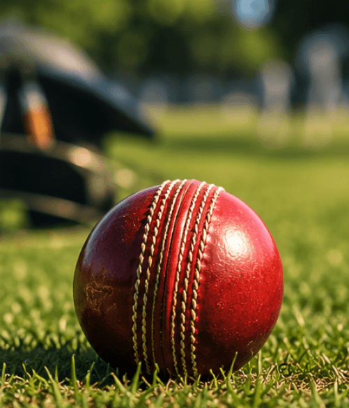 A cricket ball resting on the outfield grass beside a kit bag